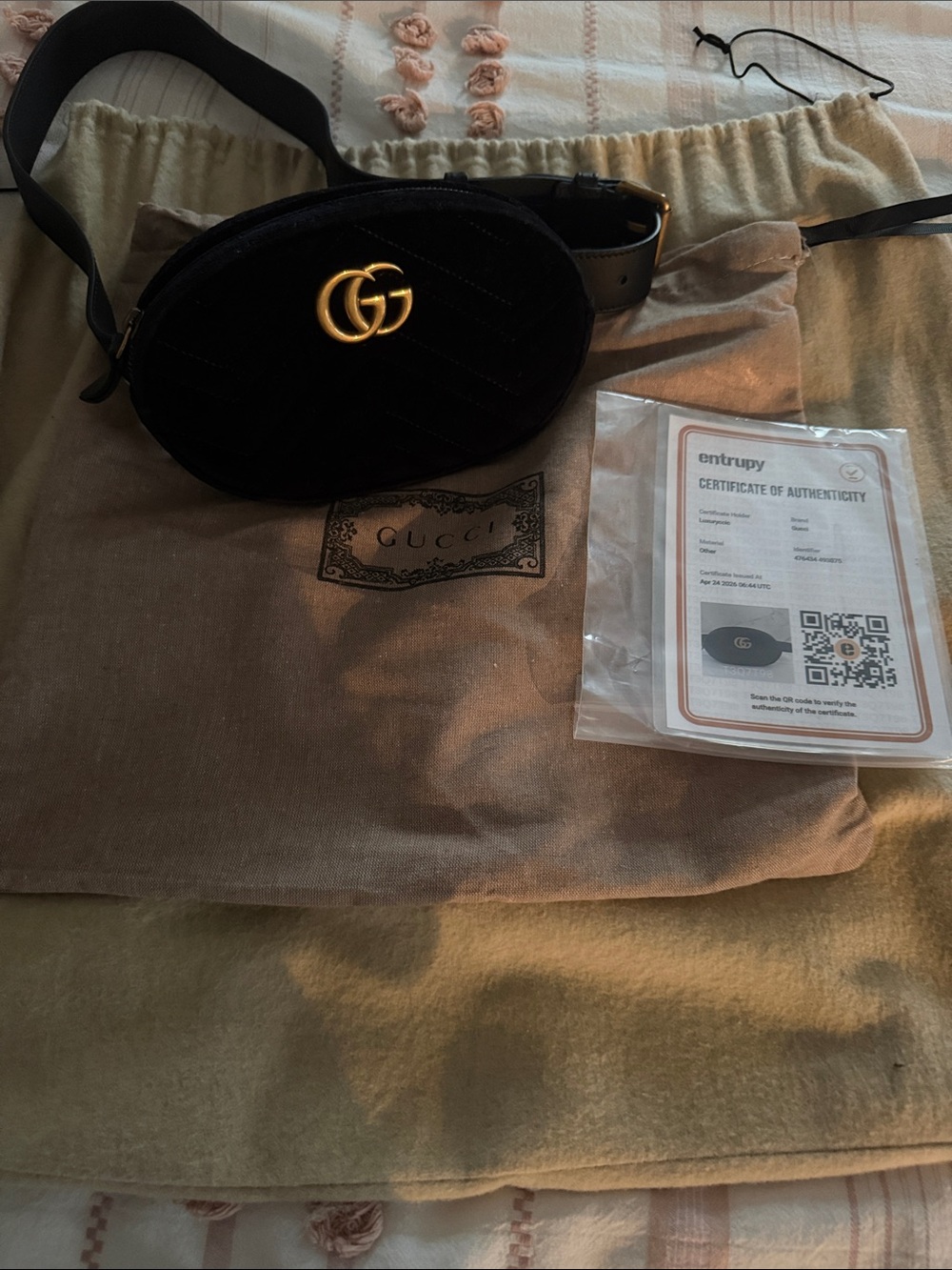Gucci Black Velvet GG Marmont Oval Belt Bag with Gold Hardware